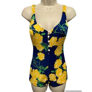 Vintage 70s Maxine of Hollywood Sz 12/34 Blue Yellow Floral Pinup Swimsuit Flaws
